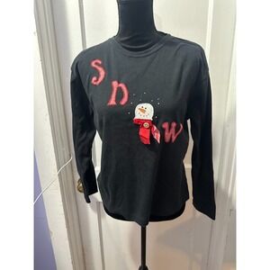 Jennifer Lauren Vintage Black SNOW Embroidered Long Sleeve Top in XL